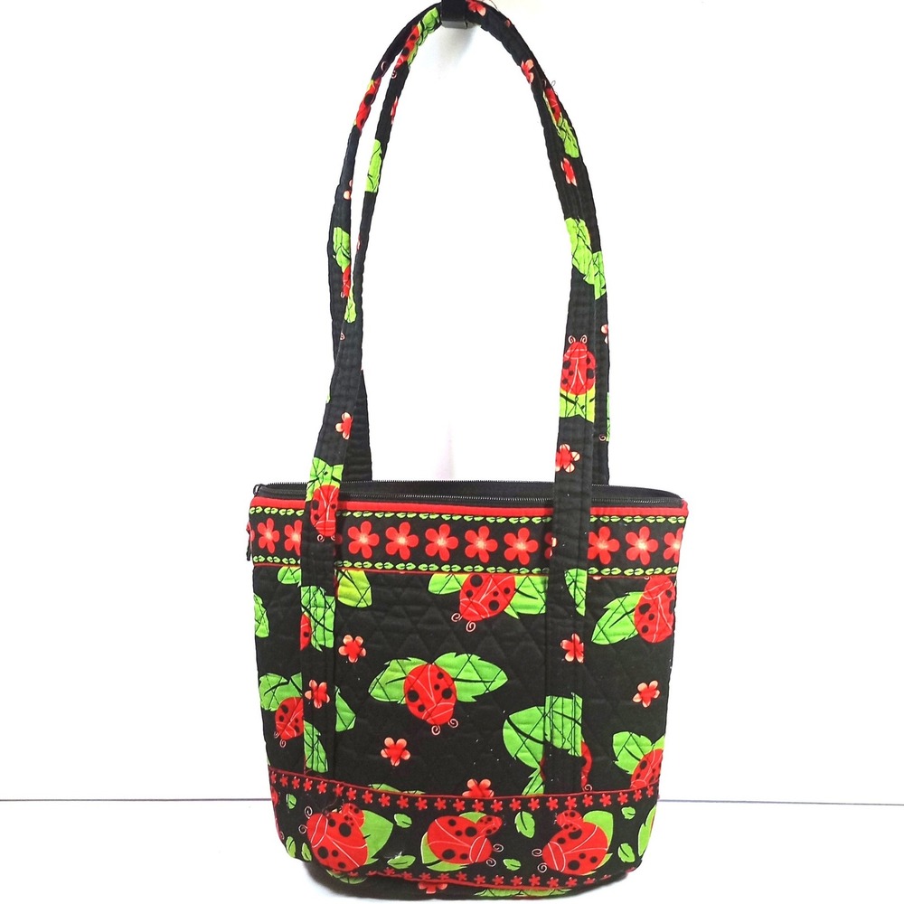 Ladybug Quilted Tote Bag Womens Black Red Floral Cotton Zip Shoulder Bag Purse